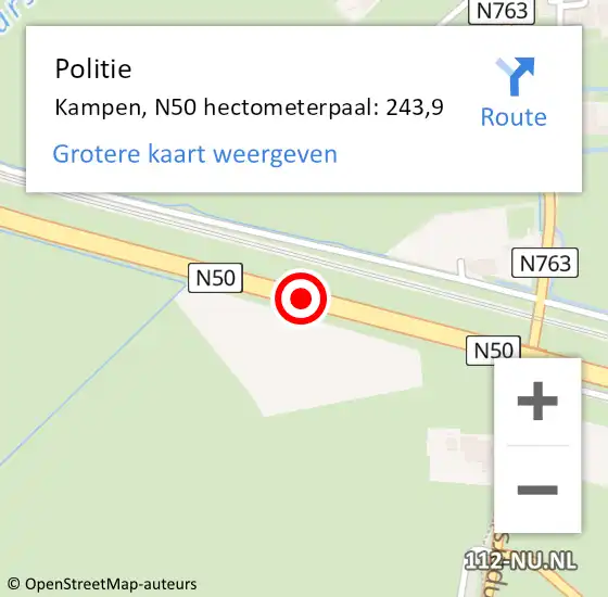 Locatie op kaart van de 112 melding: Politie Kampen, N50 hectometerpaal: 243,9 op 23 juli 2023 02:25