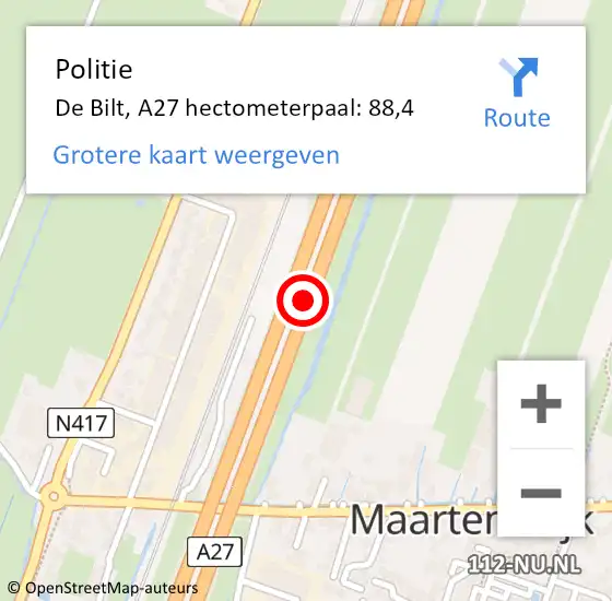 Locatie op kaart van de 112 melding: Politie De Bilt, A27 hectometerpaal: 88,4 op 23 juli 2023 03:32