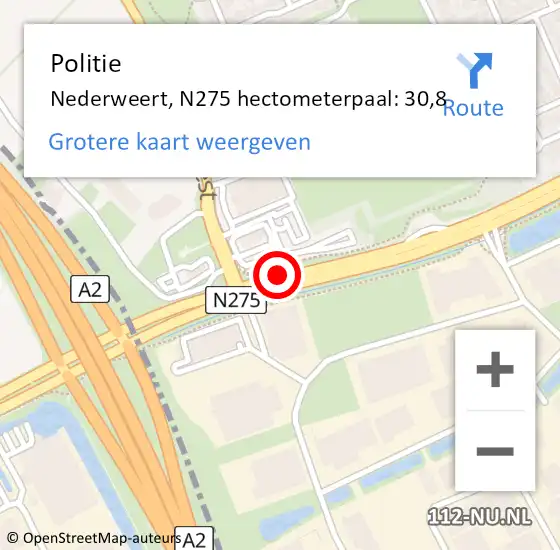 Locatie op kaart van de 112 melding: Politie Nederweert, N275 hectometerpaal: 30,8 op 23 juli 2023 05:24