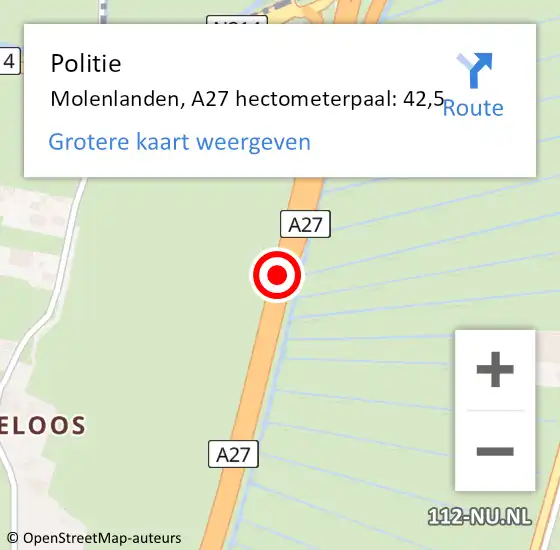 Locatie op kaart van de 112 melding: Politie Molenlanden, A27 hectometerpaal: 42,5 op 23 juli 2023 06:47