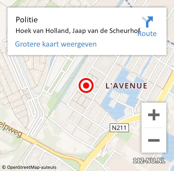 Locatie op kaart van de 112 melding: Politie Hoek van Holland, Jaap van de Scheurhof op 23 juli 2023 08:00