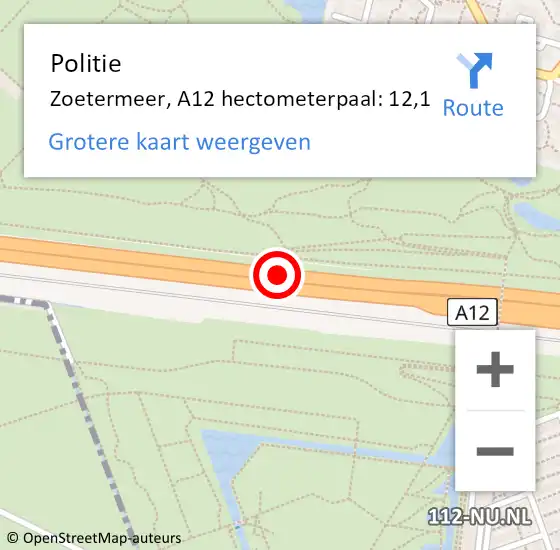 Locatie op kaart van de 112 melding: Politie Zoetermeer, A12 hectometerpaal: 12,1 op 23 juli 2023 08:48