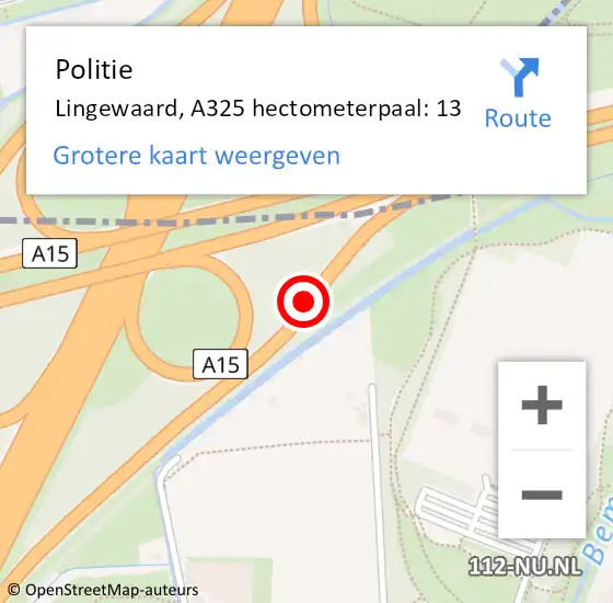 Locatie op kaart van de 112 melding: Politie Lingewaard, A325 hectometerpaal: 13 op 23 juli 2023 08:51