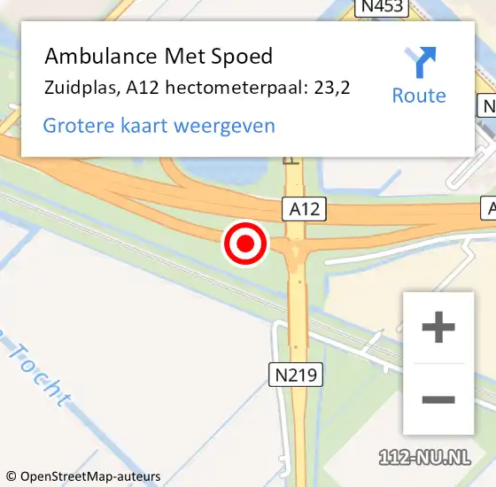 Locatie op kaart van de 112 melding: Ambulance Met Spoed Naar Zuidplas, A12 hectometerpaal: 23,2 op 23 juli 2023 09:25