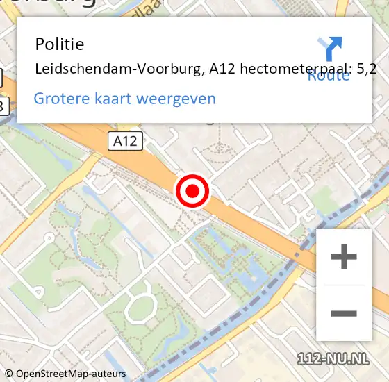 Locatie op kaart van de 112 melding: Politie Leidschendam-Voorburg, A12 hectometerpaal: 5,2 op 23 juli 2023 10:07