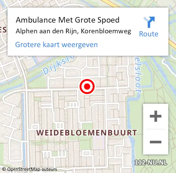 Locatie op kaart van de 112 melding: Ambulance Met Grote Spoed Naar Alphen aan den Rijn, Korenbloemweg op 23 juli 2023 10:48