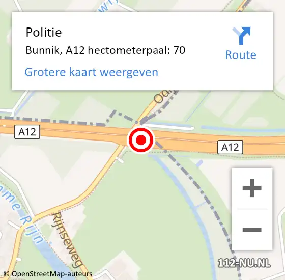 Locatie op kaart van de 112 melding: Politie Bunnik, A12 hectometerpaal: 70 op 23 juli 2023 11:44