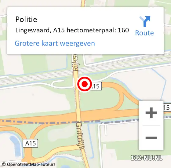 Locatie op kaart van de 112 melding: Politie Lingewaard, A15 hectometerpaal: 160 op 23 juli 2023 12:39