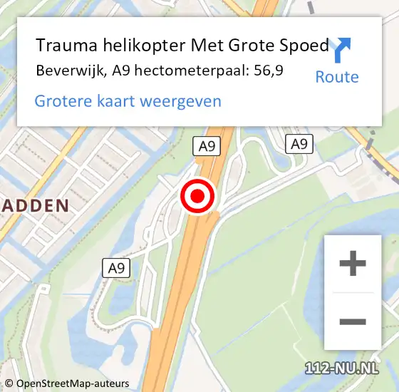 Locatie op kaart van de 112 melding: Trauma helikopter Met Grote Spoed Naar Beverwijk, A9 hectometerpaal: 56,9 op 23 juli 2023 13:18