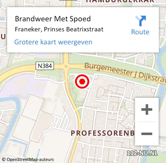 Locatie op kaart van de 112 melding: Brandweer Met Spoed Naar Franeker, Prinses Beatrixstraat op 23 juli 2023 14:28