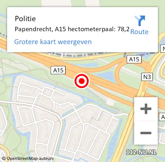 Locatie op kaart van de 112 melding: Politie Papendrecht, A15 hectometerpaal: 78,2 op 23 juli 2023 14:55