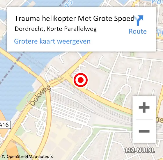 Locatie op kaart van de 112 melding: Trauma helikopter Met Grote Spoed Naar Dordrecht, Korte Parallelweg op 23 juli 2023 15:32