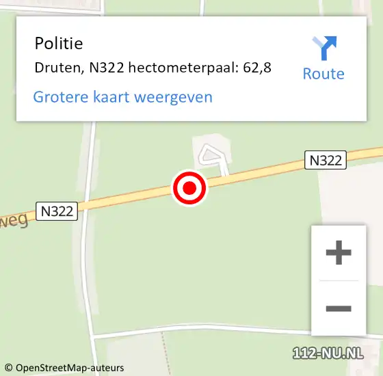 Locatie op kaart van de 112 melding: Politie Druten, N322 hectometerpaal: 62,8 op 23 juli 2023 16:14