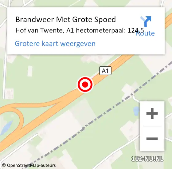 Locatie op kaart van de 112 melding: Brandweer Met Grote Spoed Naar Hof van Twente, A1 hectometerpaal: 124,5 op 23 juli 2023 17:28