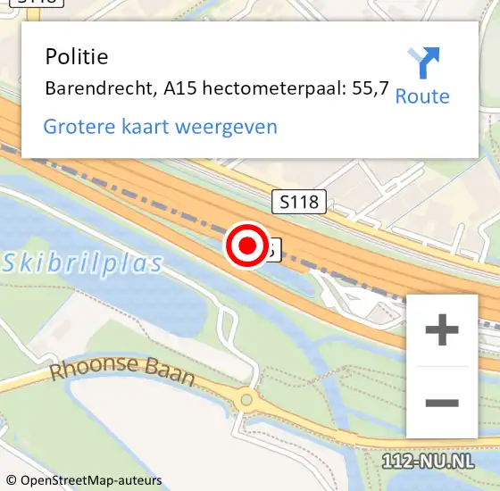 Locatie op kaart van de 112 melding: Politie Albrandswaard, A15 hectometerpaal: 55,7 op 23 juli 2023 17:59