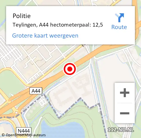 Locatie op kaart van de 112 melding: Politie Teylingen, A44 hectometerpaal: 12,5 op 23 juli 2023 18:11