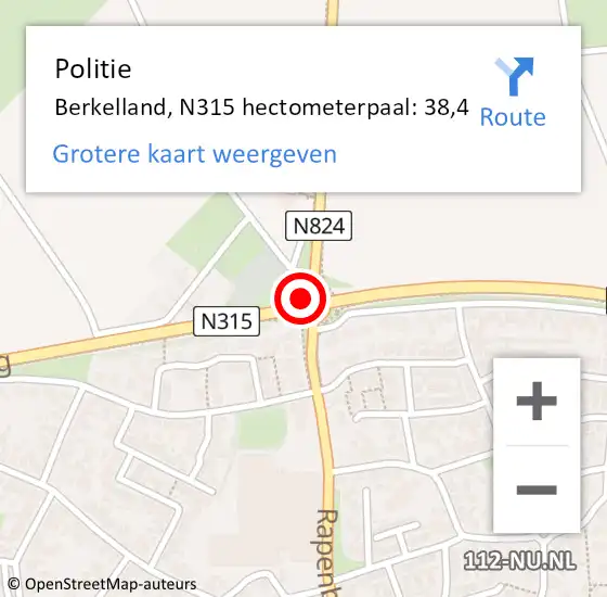 Locatie op kaart van de 112 melding: Politie Berkelland, N315 hectometerpaal: 38,4 op 23 juli 2023 18:46
