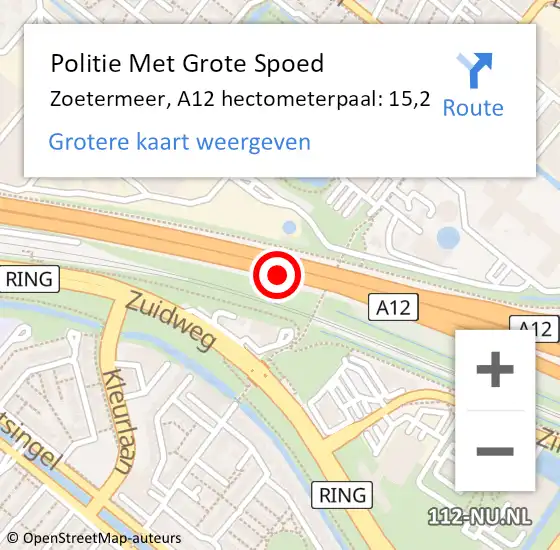 Locatie op kaart van de 112 melding: Politie Met Grote Spoed Naar Zoetermeer, A12 hectometerpaal: 15,2 op 23 juli 2023 18:49