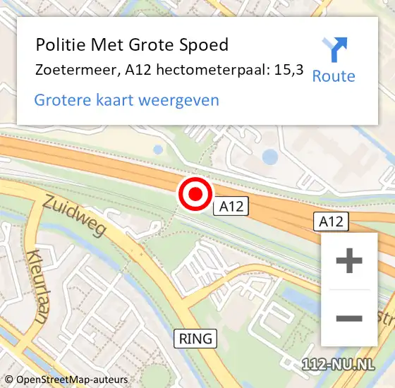 Locatie op kaart van de 112 melding: Politie Met Grote Spoed Naar Zoetermeer, A12 hectometerpaal: 15,3 op 23 juli 2023 18:51