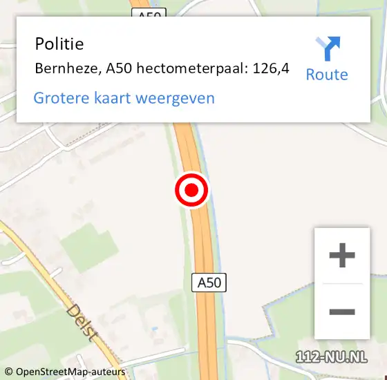 Locatie op kaart van de 112 melding: Politie Bernheze, A50 hectometerpaal: 126,4 op 23 juli 2023 19:31