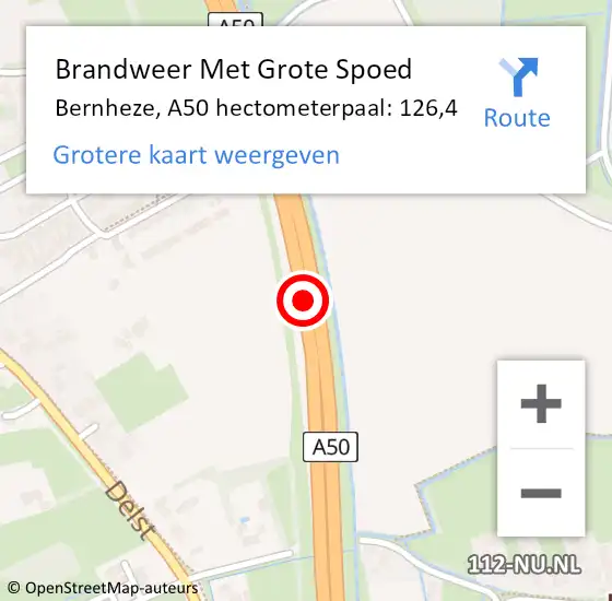 Locatie op kaart van de 112 melding: Brandweer Met Grote Spoed Naar Bernheze, A50 hectometerpaal: 126,4 op 23 juli 2023 19:31