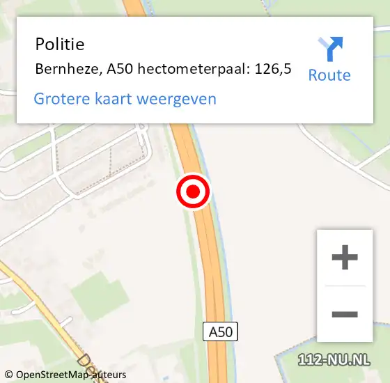 Locatie op kaart van de 112 melding: Politie Bernheze, A50 hectometerpaal: 126,5 op 23 juli 2023 19:34