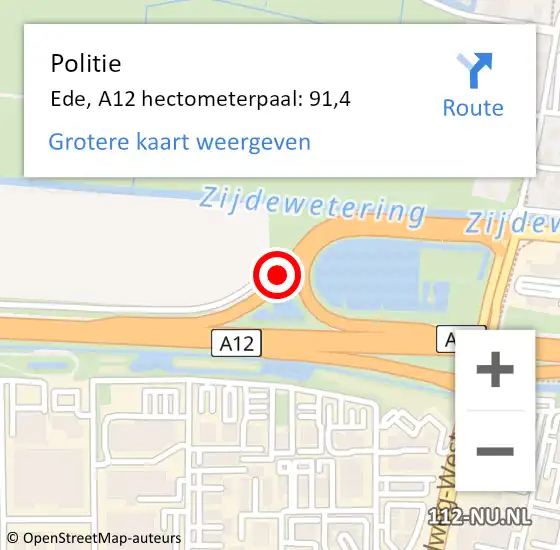 Locatie op kaart van de 112 melding: Politie Ede, A12 hectometerpaal: 91,4 op 23 juli 2023 23:35