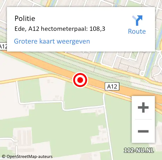 Locatie op kaart van de 112 melding: Politie Ede, A12 hectometerpaal: 108,3 op 23 juli 2023 23:43