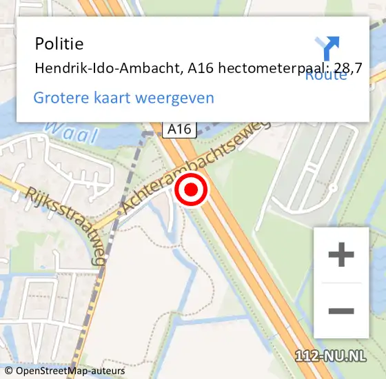 Locatie op kaart van de 112 melding: Politie Hendrik-Ido-Ambacht, A16 hectometerpaal: 28,7 op 24 juli 2023 07:50