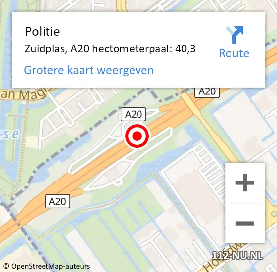 Locatie op kaart van de 112 melding: Politie Zuidplas, A20 hectometerpaal: 40,3 op 24 juli 2023 08:07