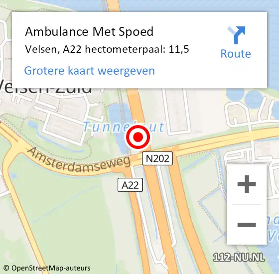 Locatie op kaart van de 112 melding: Ambulance Met Spoed Naar Velsen, A22 hectometerpaal: 11,5 op 24 juli 2023 08:29