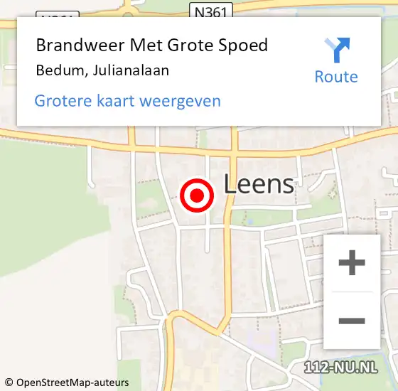 Locatie op kaart van de 112 melding: Brandweer Met Grote Spoed Naar Bedum, Julianalaan op 24 juli 2023 09:09