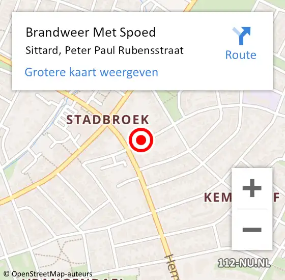 Locatie op kaart van de 112 melding: Brandweer Met Spoed Naar Sittard, Peter Paul Rubensstraat op 24 juli 2023 16:51