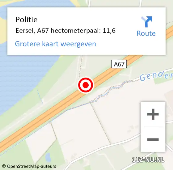 Locatie op kaart van de 112 melding: Politie Eersel, A67 hectometerpaal: 11,6 op 24 juli 2023 16:57