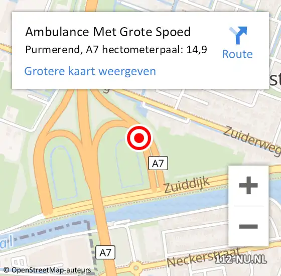 Locatie op kaart van de 112 melding: Ambulance Met Grote Spoed Naar Purmerend, A7 hectometerpaal: 14,9 op 24 juli 2023 21:59