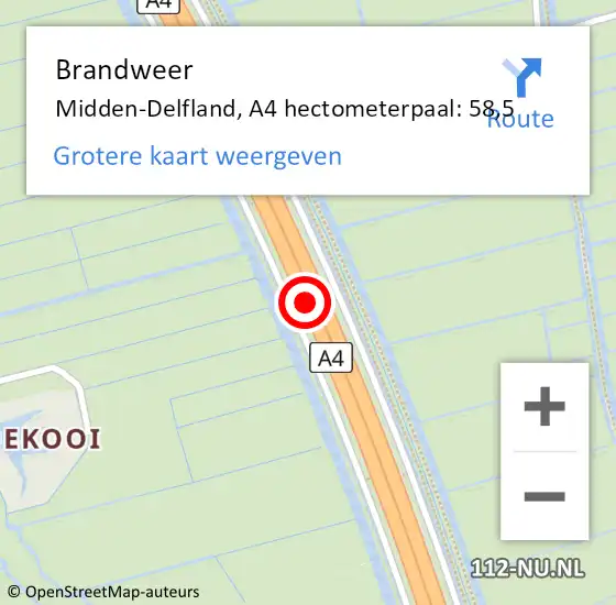 Locatie op kaart van de 112 melding: Brandweer Midden-Delfland, A4 hectometerpaal: 58,5 op 25 juli 2023 01:42