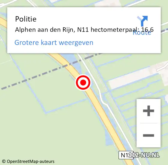 Locatie op kaart van de 112 melding: Politie Alphen aan den Rijn, N11 hectometerpaal: 16,6 op 25 juli 2023 06:44