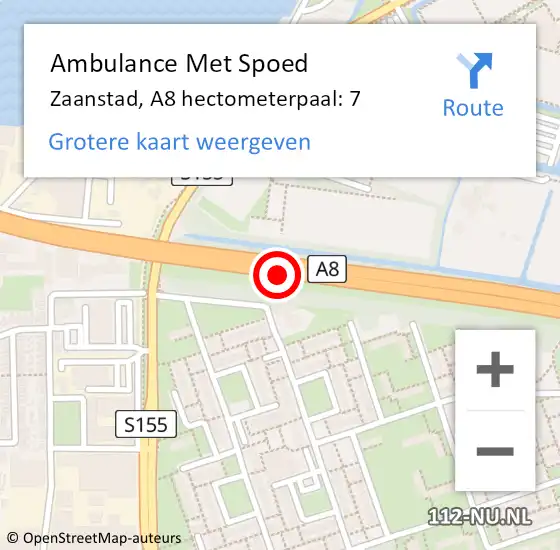 Locatie op kaart van de 112 melding: Ambulance Met Spoed Naar Zaanstad, A8 hectometerpaal: 7 op 25 juli 2023 08:41