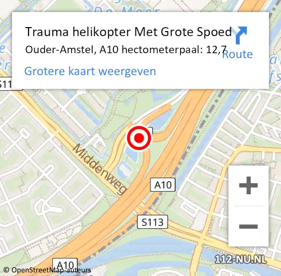 Locatie op kaart van de 112 melding: Trauma helikopter Met Grote Spoed Naar Ouder-Amstel, A10 hectometerpaal: 12,7 op 25 juli 2023 12:08