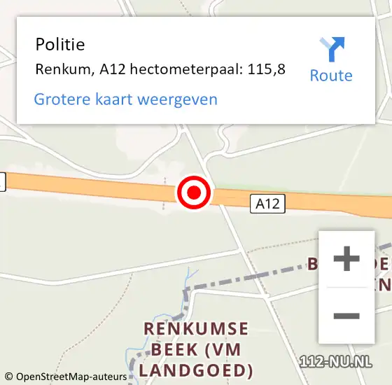 Locatie op kaart van de 112 melding: Politie Renkum, A12 hectometerpaal: 115,8 op 25 juli 2023 12:11