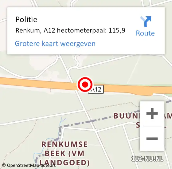 Locatie op kaart van de 112 melding: Politie Renkum, A12 hectometerpaal: 115,9 op 25 juli 2023 12:16