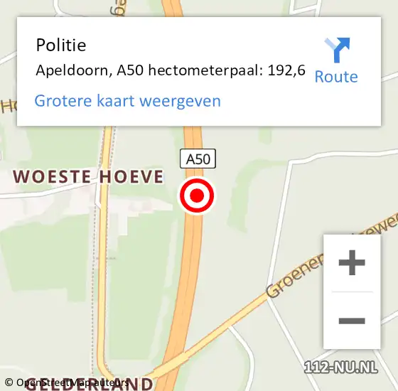 Locatie op kaart van de 112 melding: Politie Apeldoorn, A50 hectometerpaal: 192,6 op 25 juli 2023 16:57