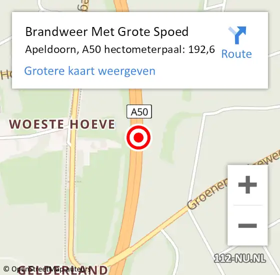 Locatie op kaart van de 112 melding: Brandweer Met Grote Spoed Naar Apeldoorn, A50 hectometerpaal: 192,6 op 25 juli 2023 16:58