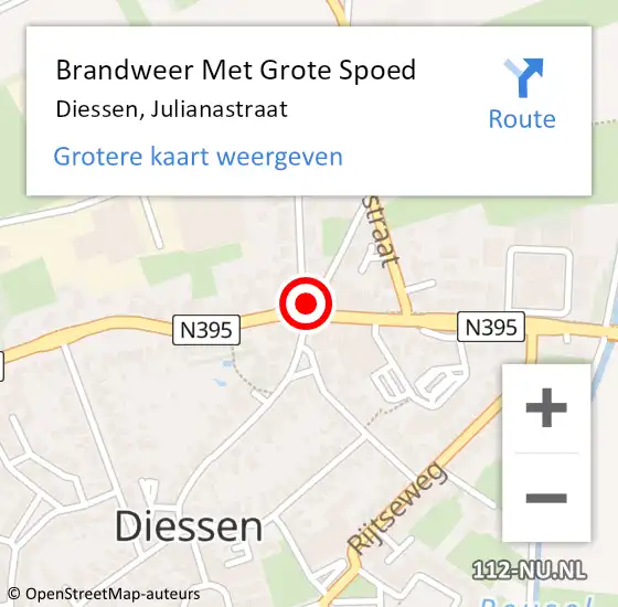 Locatie op kaart van de 112 melding: Brandweer Met Grote Spoed Naar Diessen, Julianastraat op 25 juli 2023 18:28