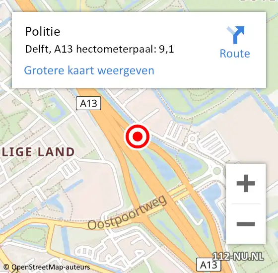 Locatie op kaart van de 112 melding: Politie Delft, A13 hectometerpaal: 9,1 op 25 juli 2023 19:34