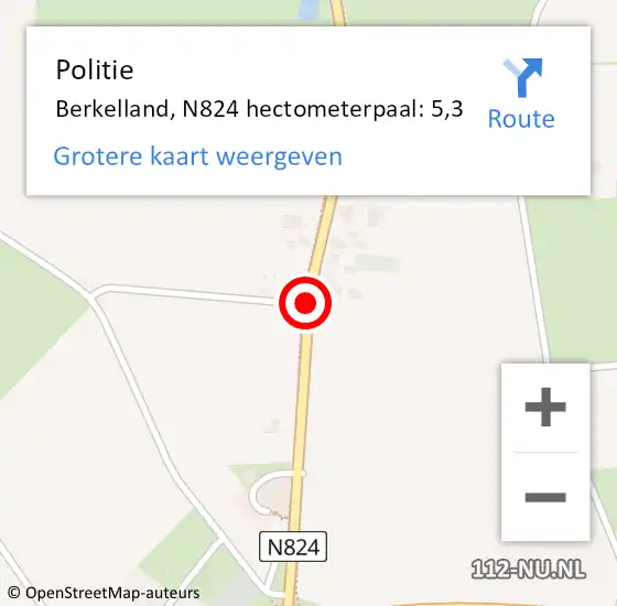 Locatie op kaart van de 112 melding: Politie Berkelland, N824 hectometerpaal: 5,3 op 26 juli 2023 08:52