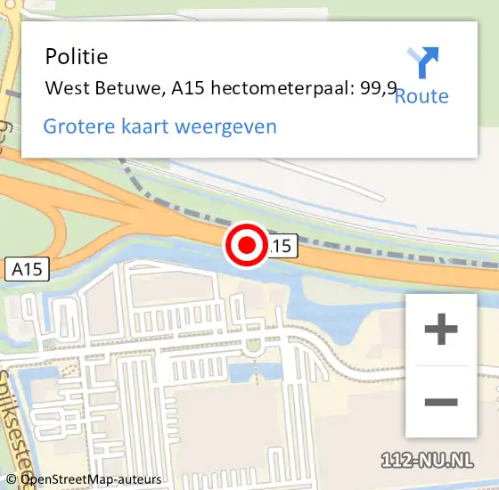 Locatie op kaart van de 112 melding: Politie West Betuwe, A15 hectometerpaal: 99,9 op 26 juli 2023 11:19