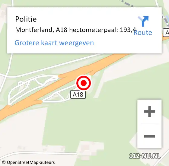 Locatie op kaart van de 112 melding: Politie Montferland, A18 hectometerpaal: 193,4 op 26 juli 2023 14:01