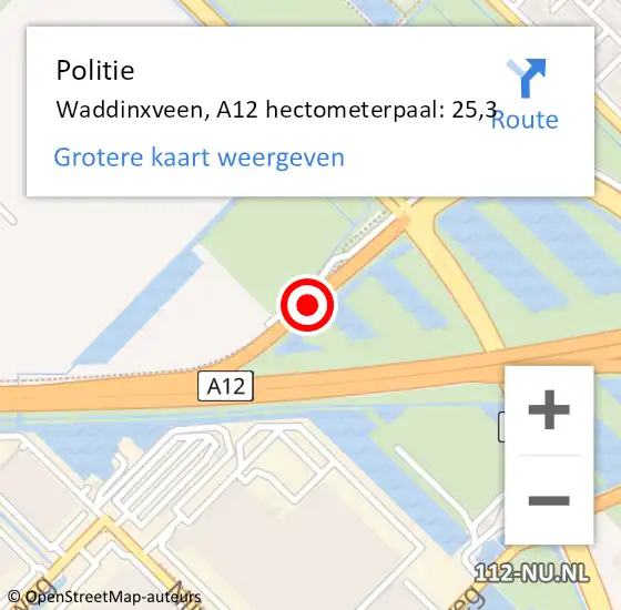 Locatie op kaart van de 112 melding: Politie Waddinxveen, A12 hectometerpaal: 25,3 op 26 juli 2023 15:14