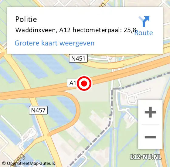 Locatie op kaart van de 112 melding: Politie Waddinxveen, A12 hectometerpaal: 25,8 op 26 juli 2023 15:19